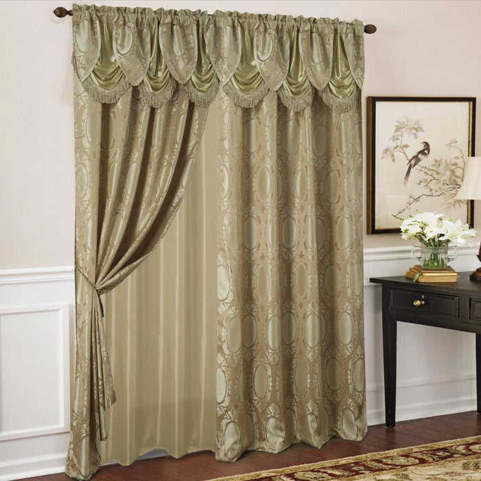 Olivia Gray Kenyon Damask Textured Jacquard 54 x 84 in. Single Rod Pocket Curtain Panel w/ Attached 18 in. Valance in Taupe