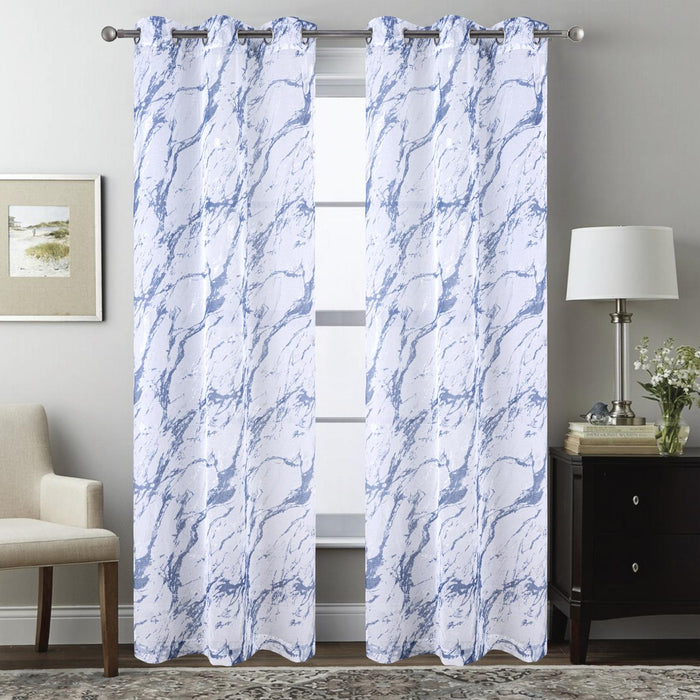 RT Designers Collection Marble Grommet Metallic Sheer Printed Doily Curtain Panel Blue