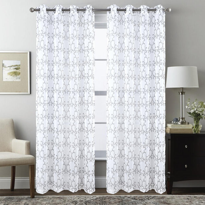 RT Designers Collection Crown Grommet Metallic Sheer Printed Doily Curtain Panel Pair 36" x 84" Silver