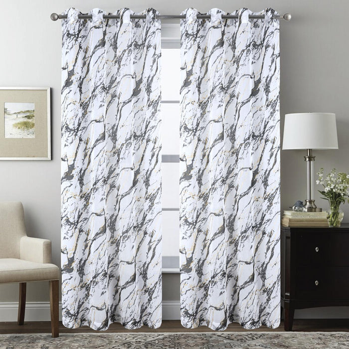 RT Designers Collection Marble Grommet Metallic Sheer Printed Doily Curtain Panel Pair 36" x 84" Black