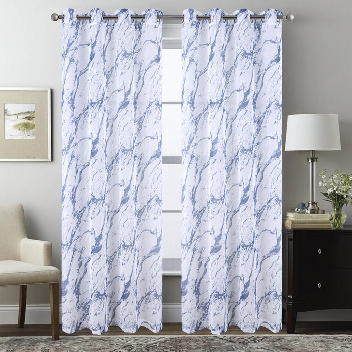 RT Designers Collection Marble Grommet Metallic Sheer Printed Doily Curtain Panel Pair 36" x 84" Blue