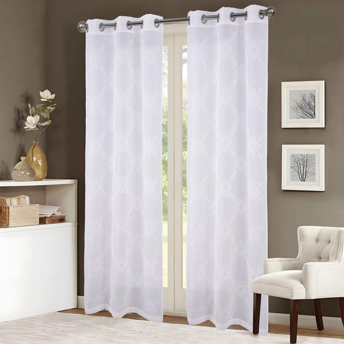 RT Designer Collection Sheryl 2 Pack Embroidered Dorly Luxurious Decorative Grommet Curtain Panel 36" x 96" White