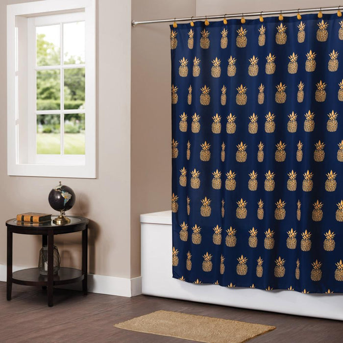 Saturday Knight Ltd Gilded Pineapple Printed Fabric Bath Shower Curtain - 72x72", Blue