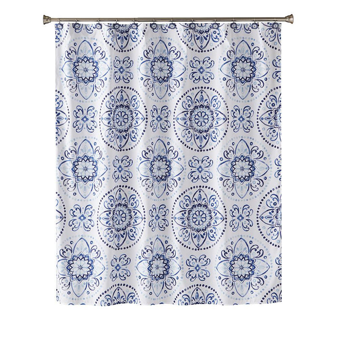 Saturday Knight Ltd Kali Printed Medallion Design And Watercolor Look Fabric Shower Curtain - 70x72", Blue