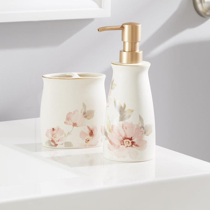 Saturday Knight Ltd Misty Floral Gold Tone Bath Lotion Pump Dispenser - 7.8x3.09x3.09", Pink/Multi