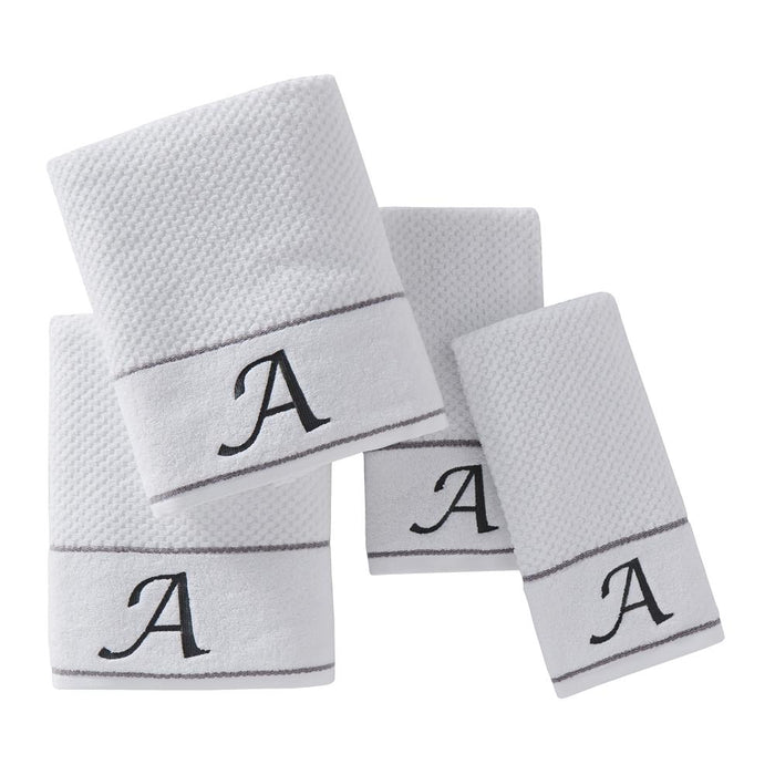 SKL Home Saturday Knight Ltd Monogram "A" Soft Textured Stripes Bath And Hand Towel Set - 4-Piece - 27x50", 16x25", White