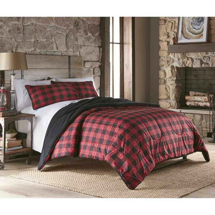 Micro Flannel Reverse to Sherpa Comforter Set, King, Buffalo Check Red - King,Buffalo Check Red