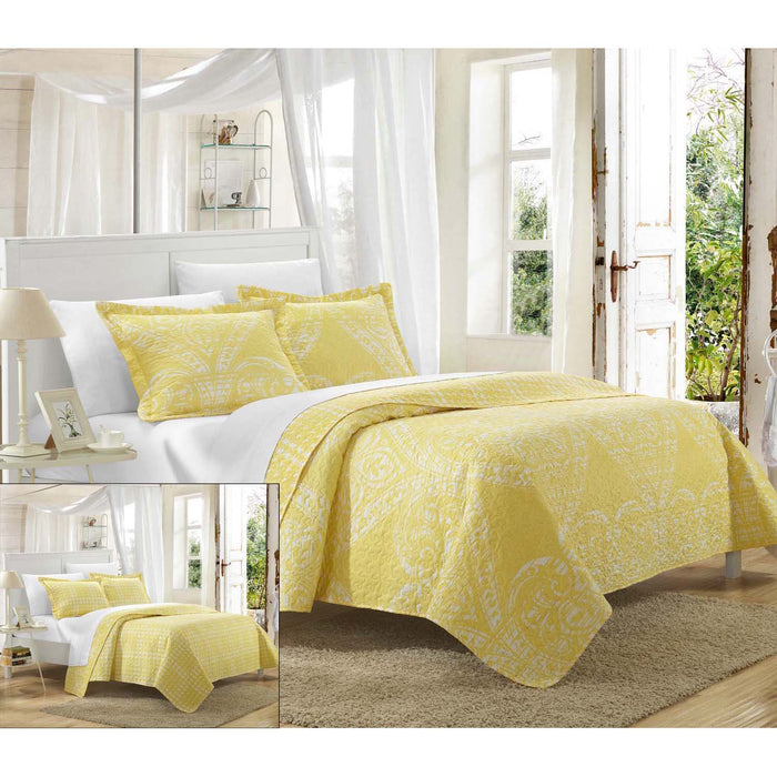 Chic Home Revenna Napoli Reversible Printed Jacquard Bed In A Bag 7 Pieces Quilt Set - King 104x90, Yellow - King