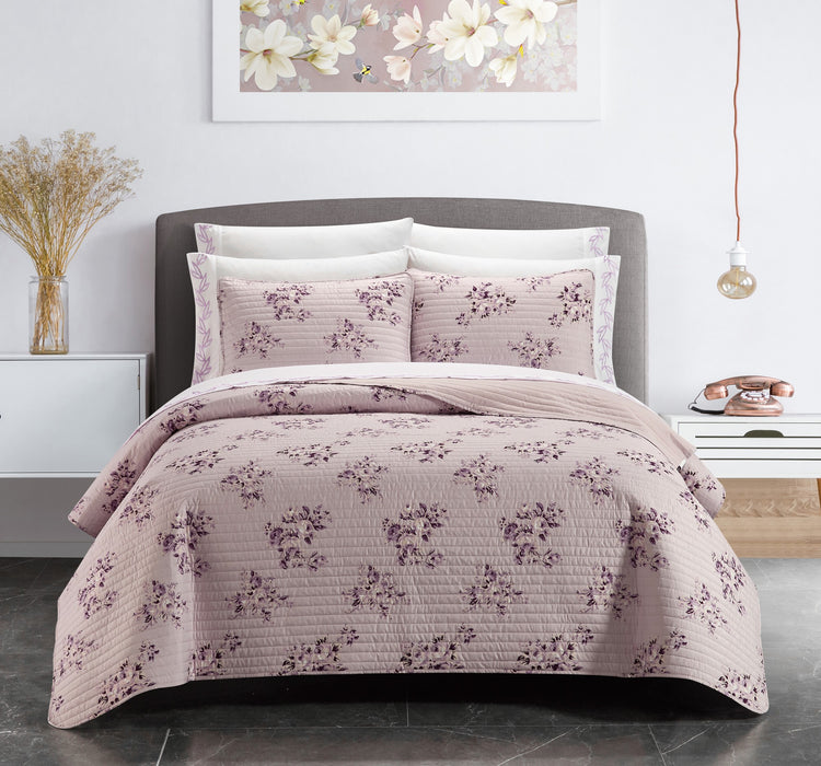 Chic Home Giverny Quilt Set Floral Pattern Print Bed In A Bag - Sheet Set Decorative Pillow Shams Included - 9 Piece - California King 106x90", Blush Pink - California King