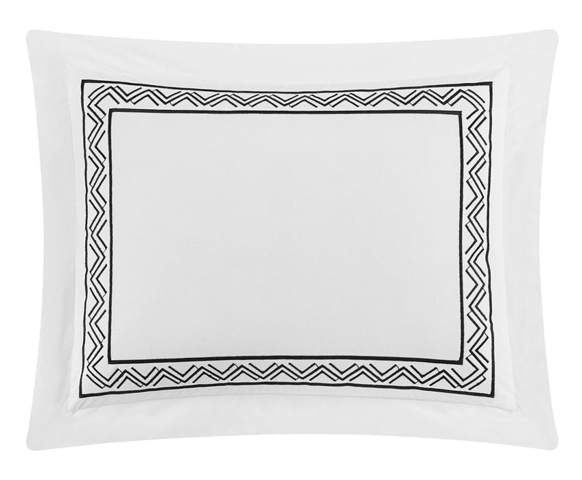Chic Home Crete Cotton Comforter Set Solid White With Dual Stripe Embroidered Border Zig-Zag Details Hotel Collection Bedding - Includes Decorative Pillow Shams - 4 Piece - Queen 92x96, Black - Queen