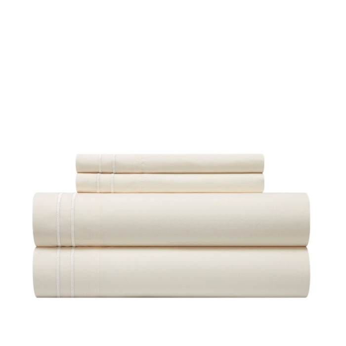 Chic Home Savannah Sheet Set Solid Color With Dual Stripe Embroidery - Includes 1 Flat, 1 Fitted Sheet, and 1 Pillowcase - 3 Piece - Twin 66x102", Beige - Beige