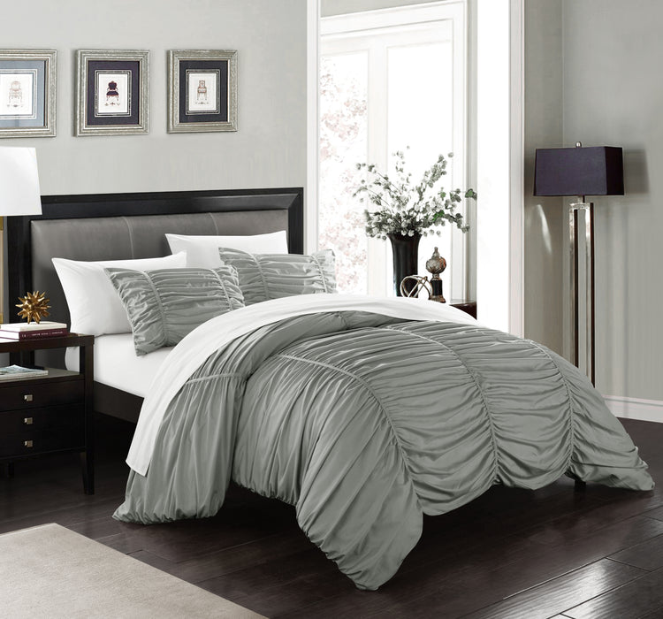 Chic Home Kaiah 7 Piece Comforter Set Contemporary Striped Ruched Ruffled Design Sheet Set Pillowcases Pillow Shams Included King Grey - King