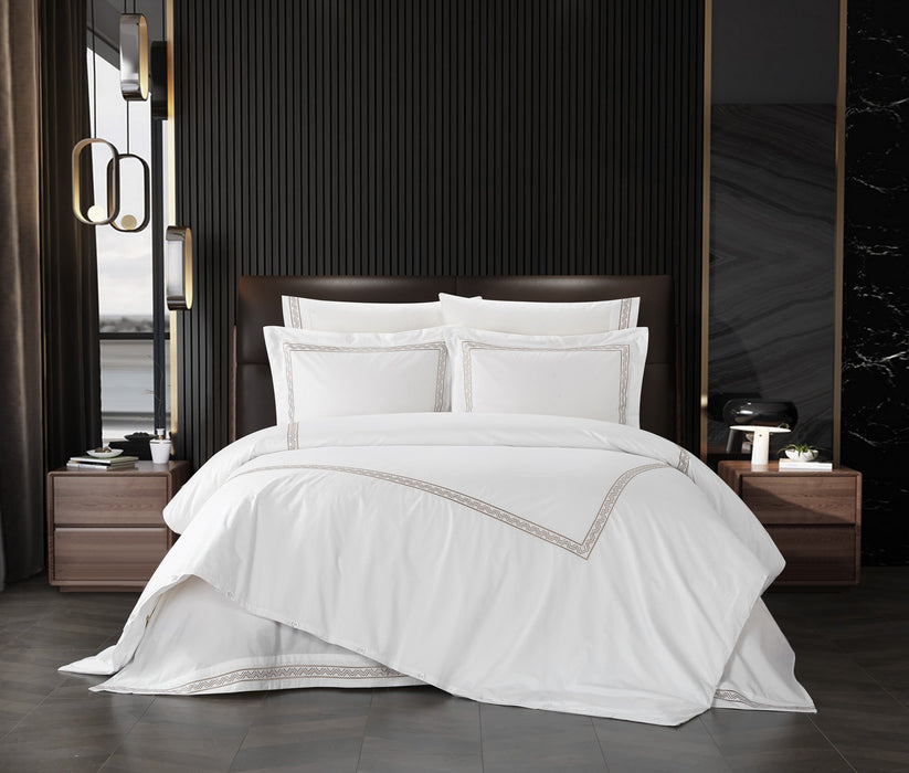 Chic Home Ella Cotton Duvet Cover Set Solid White Dual Stripe Embroidered Border Zig-Zag Details Hotel Collection Bedding - Includes Two Pillow Shams - 3 Piece - King 106x96, Beige - King