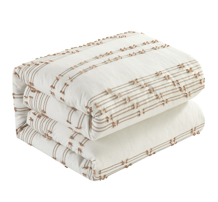 NY&C Home Desiree 5 Piece Cotton Comforter Set Contemporary Striped Clip Jacquard Bedding - Decorative Pillows Shams Included, Queen, Beige - Queen