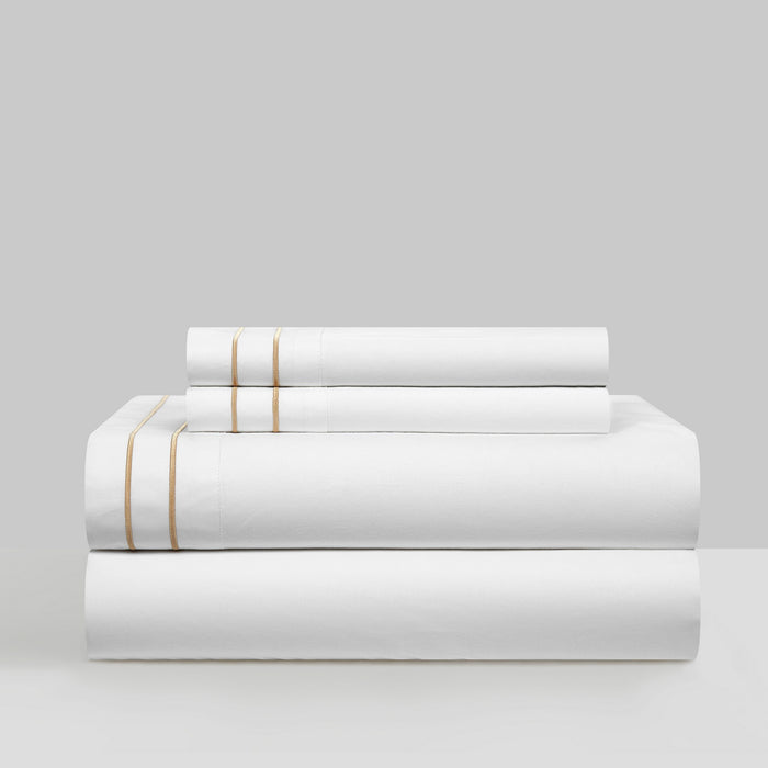 Chic Home Valencia Organic Cotton Sheet Set Solid White With Dual Stripe Embroidery - Includes 1 Flat, 1 Fitted Sheet, and 2 Pillowcases - 4 Piece - Queen 90x102, Gold - Queen