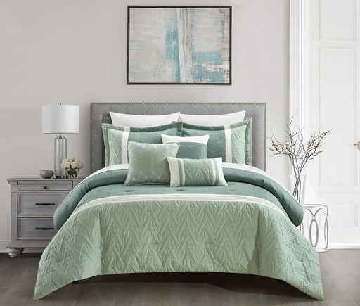 Chic Home Macie Comforter Set Jacquard Woven Geometric Design Pleated Quilted Details Bed In A Bag Bedding - Sheet Set Decorative Pillows Shams Included - 10 Piece - Queen 92x96", Green - Queen