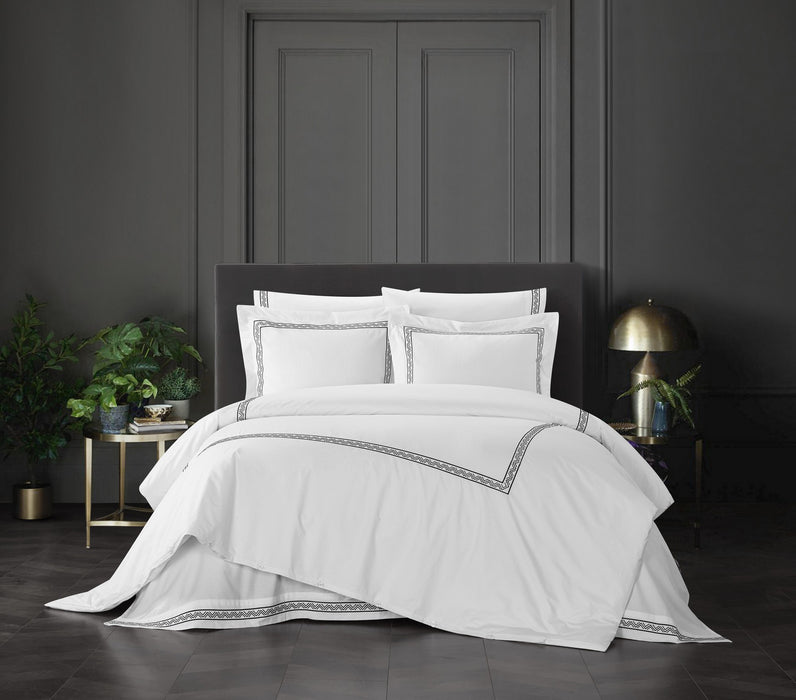 Chic Home Ella Cotton Duvet Cover Set Solid White Dual Stripe Embroidered Border Zig-Zag Details Hotel Collection Bedding - Includes Sheets Pillowcases Pillow Shams - 7 Piece - King 106x96, Black - King