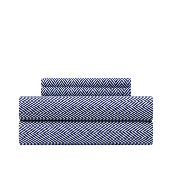 Chic Home Denise Sheet Set Super Soft Graphic Herringbone Print Design - Includes 1 Flat, 1 Fitted Sheet, and 2 Pillowcases - 4 Piece - Queen 90x102", Navy - Navy