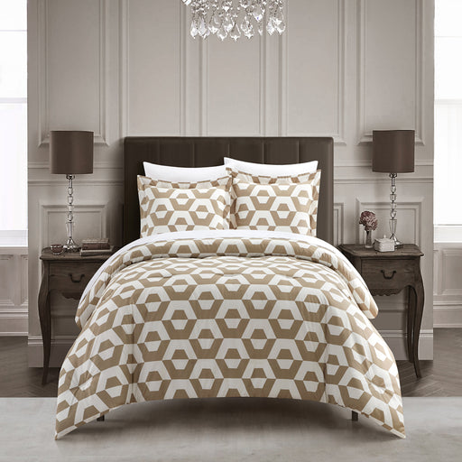 Chic Home Tudor 3 Piece Duvet Cover Set Contemporary Geometric Hexagon Pattern Print with Zipper Closure Beige
