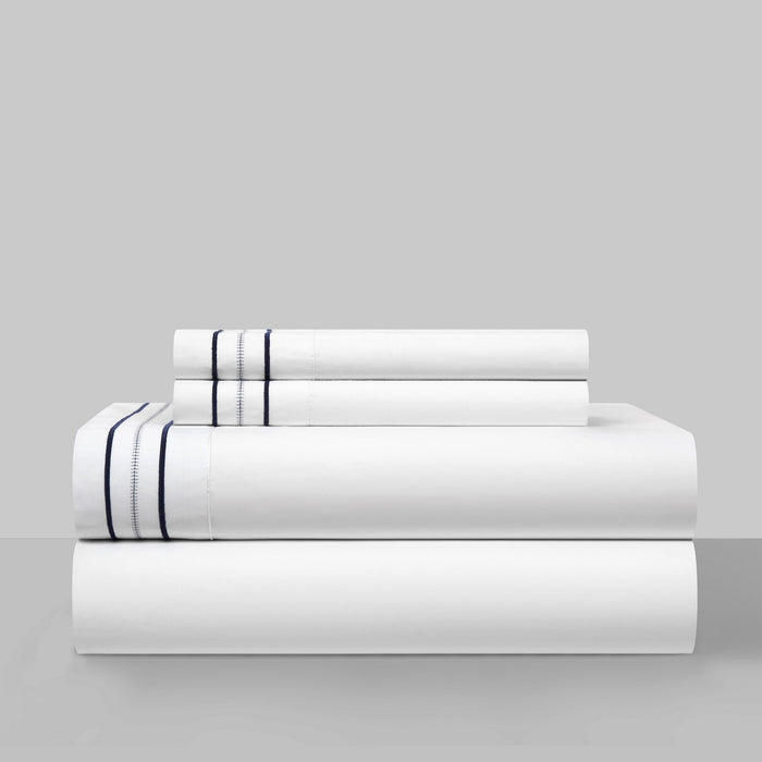 Chic Home Freya Organic Cotton Sheet Set Solid White With Dual Stripe Embroidery Zipper Stitching Details - Includes 1 Flat, 1 Fitted Sheet, and 2 Pillowcases - 4 Piece - Queen 90x102, Blue - Queen