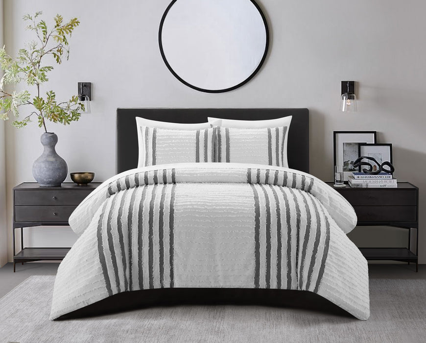 Chic Home Salma Cotton Duvet Cover Set Clip Jacquard Striped Pattern Design Bedding - Decorative Pillow Shams Included - 3 Piece - Queen 92x96", Grey - Queen