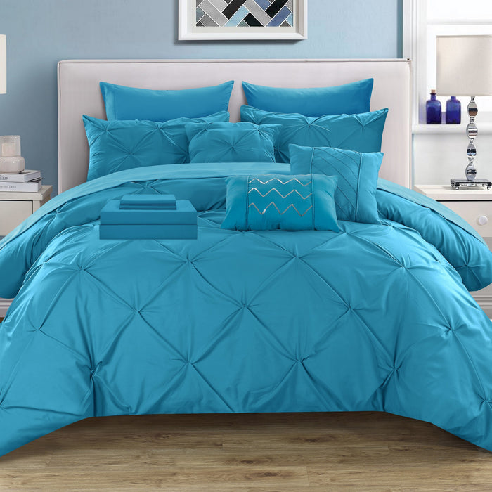 Chic Home Mycroft Pinch Pleated Ruffled Bed In A Bag Soft Microfiber Sheets 10 Pieces Comforter Decorative Pillows & Shams - King 104x90, Turquoise - King