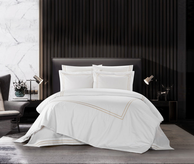 Chic Home Alford Organic Cotton Duvet Cover Set Solid White With Dual Stripe Embroidered Border Hotel Collection Bedding - Includes Two Pillow Shams - 3 Piece - Queen 92x96, Gold - Queen