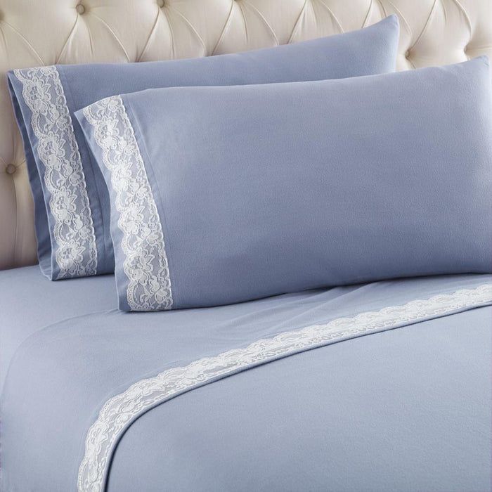 Shavel Micro Flannel Quality Lace-Edged Sheet Set - Full Flat/Fitted Sheet 86x100/75x54x16" 2-Pillowcase 21x32" - Wedgewood. - Full,Wedgewood