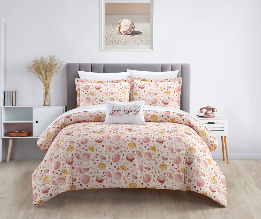NY&C Home Sumba 4 Piece Comforter Set Beach Themed Clams Conches Shells Print Bedding - Decorative Pillows Shams Included, King - King