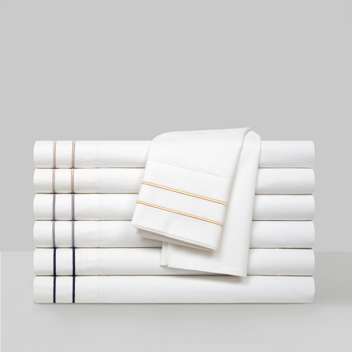Chic Home Valencia Organic Cotton Sheet Set Solid White With Dual Stripe Embroidery - Includes 1 Flat, 1 Fitted Sheet, and 2 Pillowcases - 4 Piece - Queen 90x102, Beige - Queen