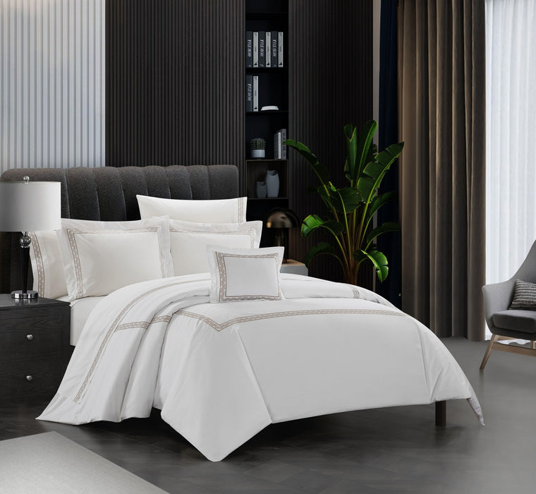 Chic Home Crete Cotton Comforter Set Dual Stripe Embroidered Border Zig-Zag Details Hotel Collection Bed In A Bag Bedding - Includes Sheets Pillowcases Decorative Pillow Shams - 8 Piece - Queen 92x96, Beige - Queen