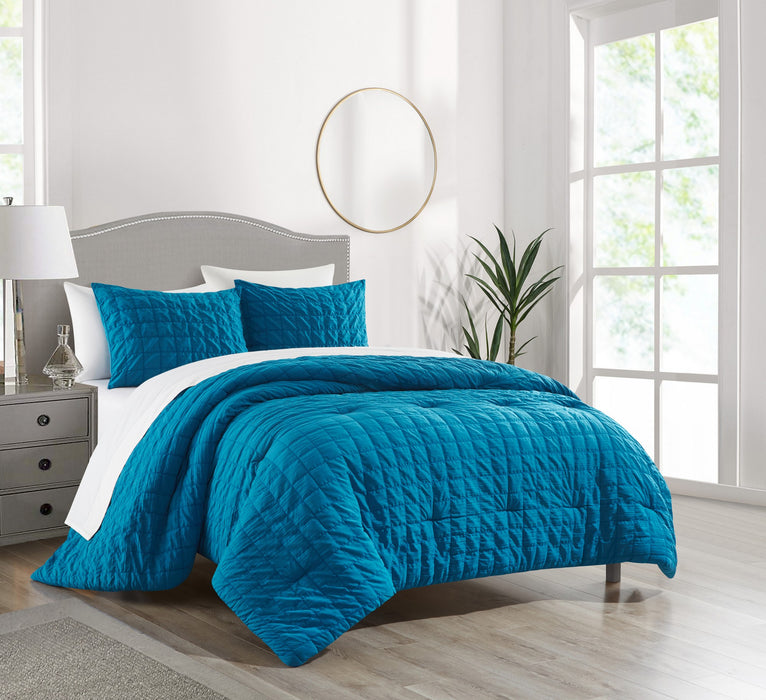 Chic Home Jessa Comforter Set Washed Garment Technique Geometric Square Tile Pattern Bedding - Pillow Shams Included - 3 Piece - King 104x92", Blue - King