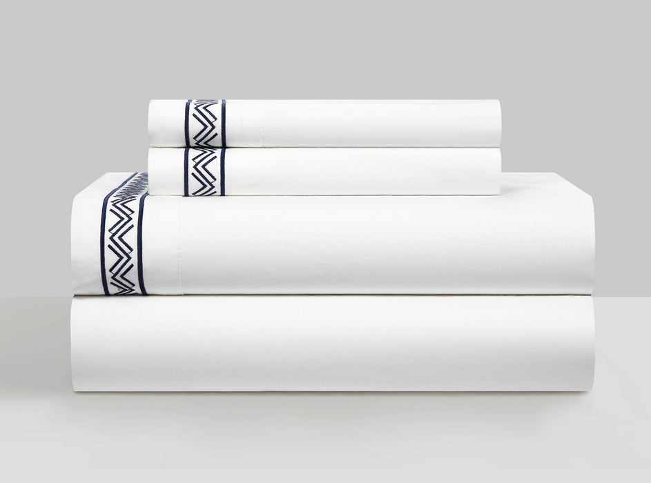 Chic Home Ella Cotton Duvet Cover Set Solid White Dual Stripe Embroidered Border Zig-Zag Details Hotel Collection Bedding - Includes Sheets Pillowcases Pillow Shams - 7 Piece - King 106x96, Navy - King