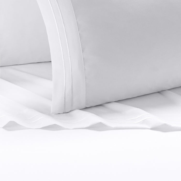 Chic Home Savannah Sheet Set Solid Color With Dual Stripe Embroidery - Includes 1 Flat, 1 Fitted Sheet, and 2 Pillowcases - 4 Piece - King 108x102", White - White