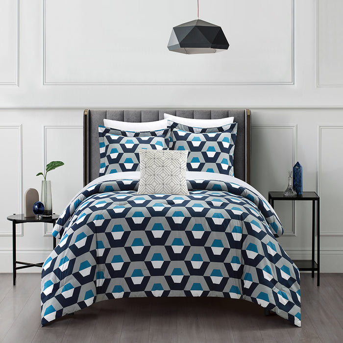 Chic Home Miles 6 Piece Comforter Set Contemporary Geometric Hexagon Pattern Print Design Bed In A Bag Bedding Twin XL Blue - Twin XL