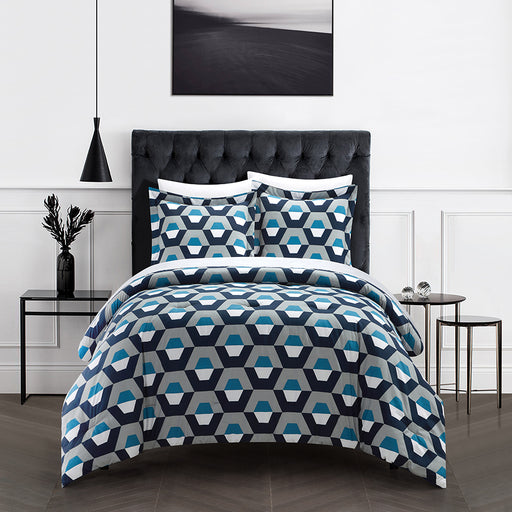 Chic Home Tudor 7 Piece Duvet Cover Set Contemporary Geometric Hexagon Pattern Print Bed In A Bag Bedding with Zipper Closure Blue