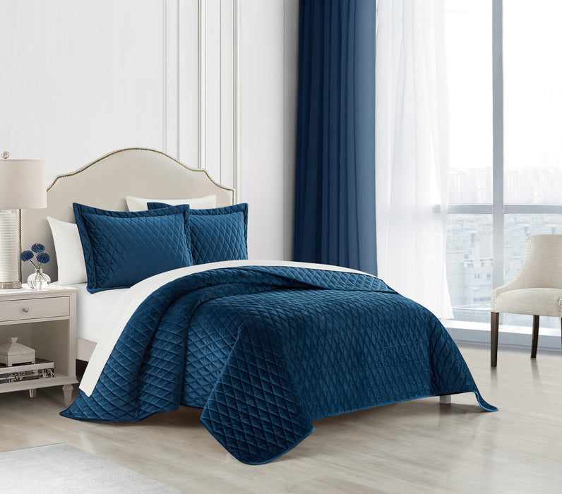 NY&C Home Wafa 3 Piece Velvet Quilt Set Diamond Stitched Pattern Bedding - Pillow Shams Included, Queen, Blue - Queen