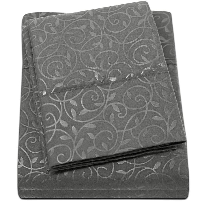 Plazatex Vine Print 90GSM Brushed Microfiber Soft Wrinkle Free Sheet Set - Twin 39x75", Gray - Twin,Gray