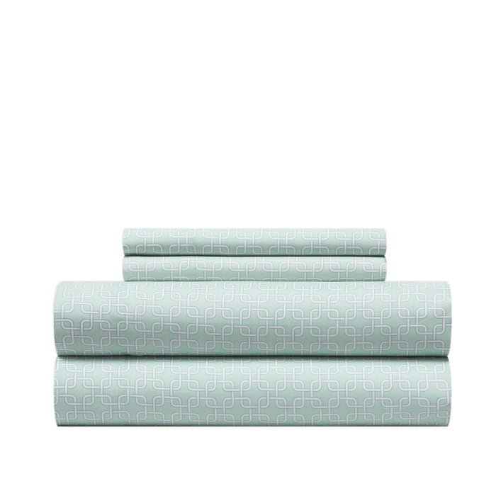 NY&C Home Lucille 4 Piece Sheet Set Super Soft Two-Tone Interlaced Geometric Pattern Print Design – Includes 1 Flat, 1 Fitted Sheet, and 2 Pillowcases, Queen, Light Blue - Light Blue