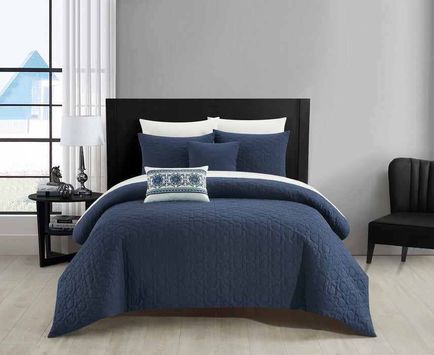 NY&C Home Davina 9 Piece Comforter Set Geometric Hexagonal Pattern Design Bed In A Bag Bedding - Sheets Pillowcases Decorative Pillows Shams Included, King, Navy Blue - King
