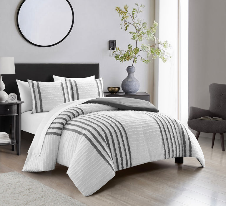 Chic Home Salma Cotton Duvet Cover Set Clip Jacquard Striped Pattern Design Bedding - Decorative Pillow Shams Included - 3 Piece - King 104x96", Grey - King