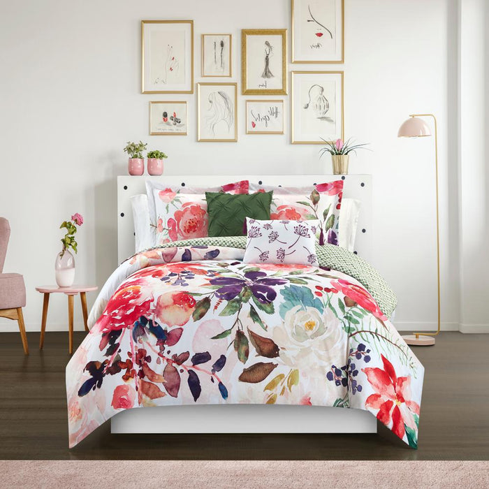 Chic Home Philia 9 Piece Reversible Comforter Set Floral Watercolor Design Bedding Sheet Set Decorative Pillows Shams Included Queen Multi - Queen