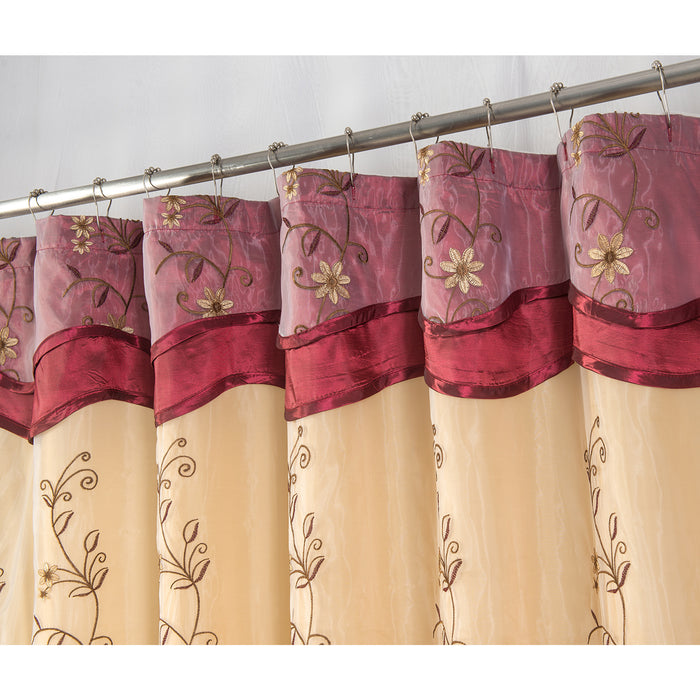 Priscilla Embroidered Shower Curtain 70'' x 72'' With Double Valance Burgundy - Burgundy