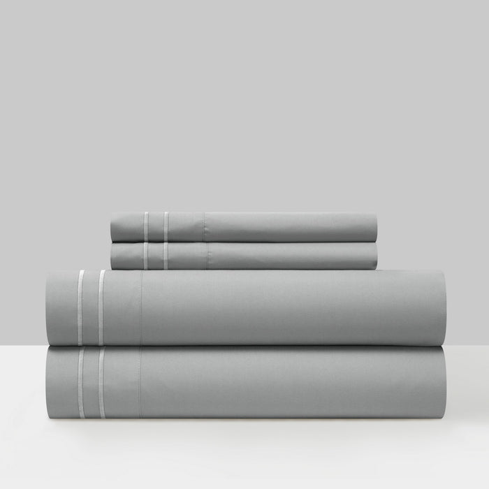 Chic Home Savannah Sheet Set Solid Color With Dual Stripe Embroidery - Includes 1 Flat, 1 Fitted Sheet, and 1 Pillowcase - 3 Piece - Twin 66x102", Grey - Grey