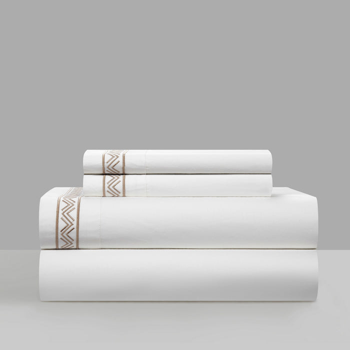 Chic Home Crete Cotton Comforter Set Dual Stripe Embroidered Border Zig-Zag Details Hotel Collection Bed In A Bag Bedding - Includes Sheets Pillowcases Decorative Pillow Shams - 8 Piece - Queen 92x96, Beige - Queen