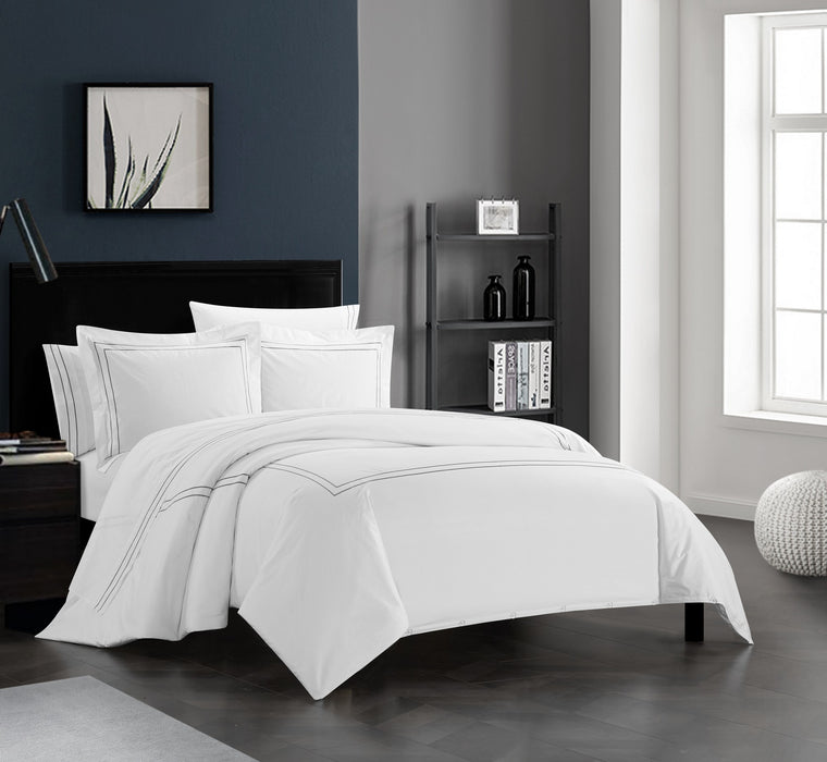 Chic Home Alford Organic Cotton Duvet Cover Set Solid White With Dual Stripe Embroidered Border Hotel Collection Bedding - Includes Two Pillow Shams - 3 Piece - King 106x96, Grey - King