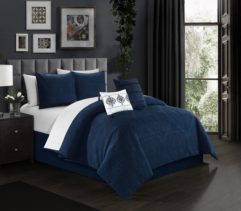 Chic Home Mayflower Comforter Set Embossed Medallion Scroll Pattern Design Bed In A Bag Navy, King - King