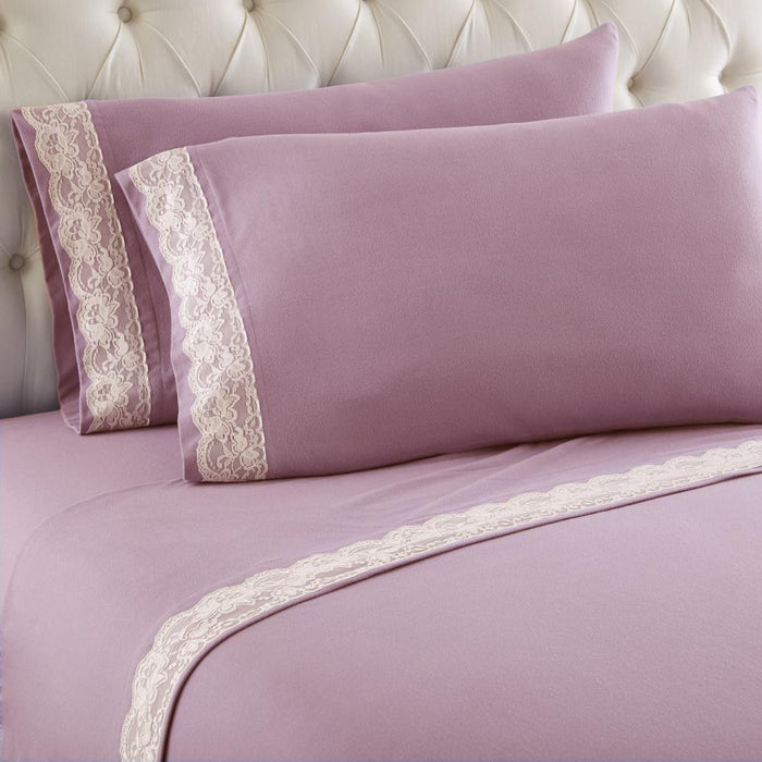 Shavel Micro Flannel Quality Lace-Edged Sheet Set - Twin Flat/Fitted Sheet 66x96/75x39x14" Pillowcase 21x32" - Frosted Rose. - Twin,Frosted Rose