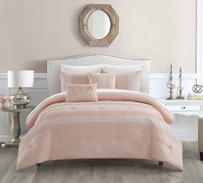 Chic Home Brice Comforter Set Pleated Embroidered Design Bedding - Decorative Pillows Shams Included - 5 Piece - King 104x92", Blush - King