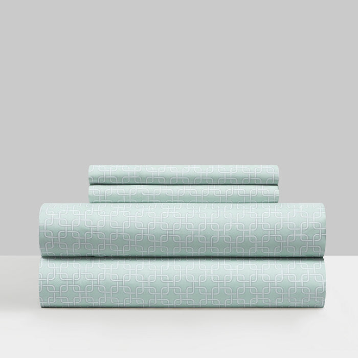 NY&C Home Lucille 4 Piece Sheet Set Super Soft Two-Tone Interlaced Geometric Pattern Print Design – Includes 1 Flat, 1 Fitted Sheet, and 2 Pillowcases, Queen, Light Blue - Light Blue